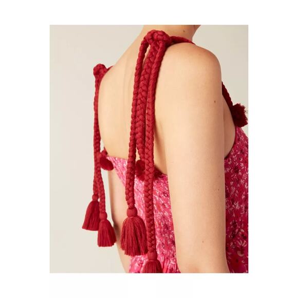 Figue Mollie Floral Print Tie Shoulder Smocked Crop Top Pink Women's Size Small - Picture 2 of 10